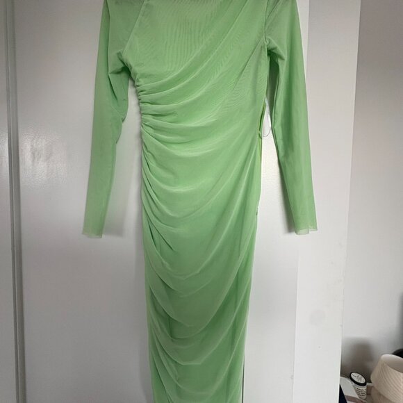 Self-Portrait Asymmetric Pencil Midi Dress Green Mesh Ruched Side Tie Mesh Long - Picture 10 of 11